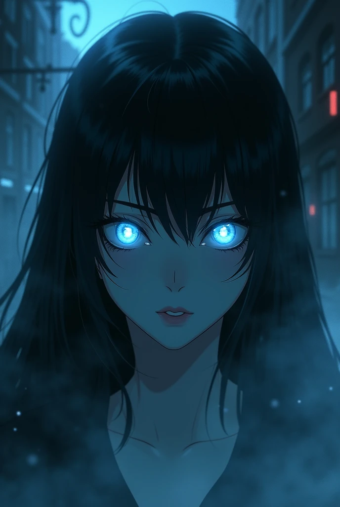 anime comic art ((a female vampire's pair of glowing eyes shines)) close up picture, (((the fog hides the face))), you see only the glowing eyes , you see only the pair of eyes, fantasy dark alley background, the fog fills the alley, you see only the glowing eyes 