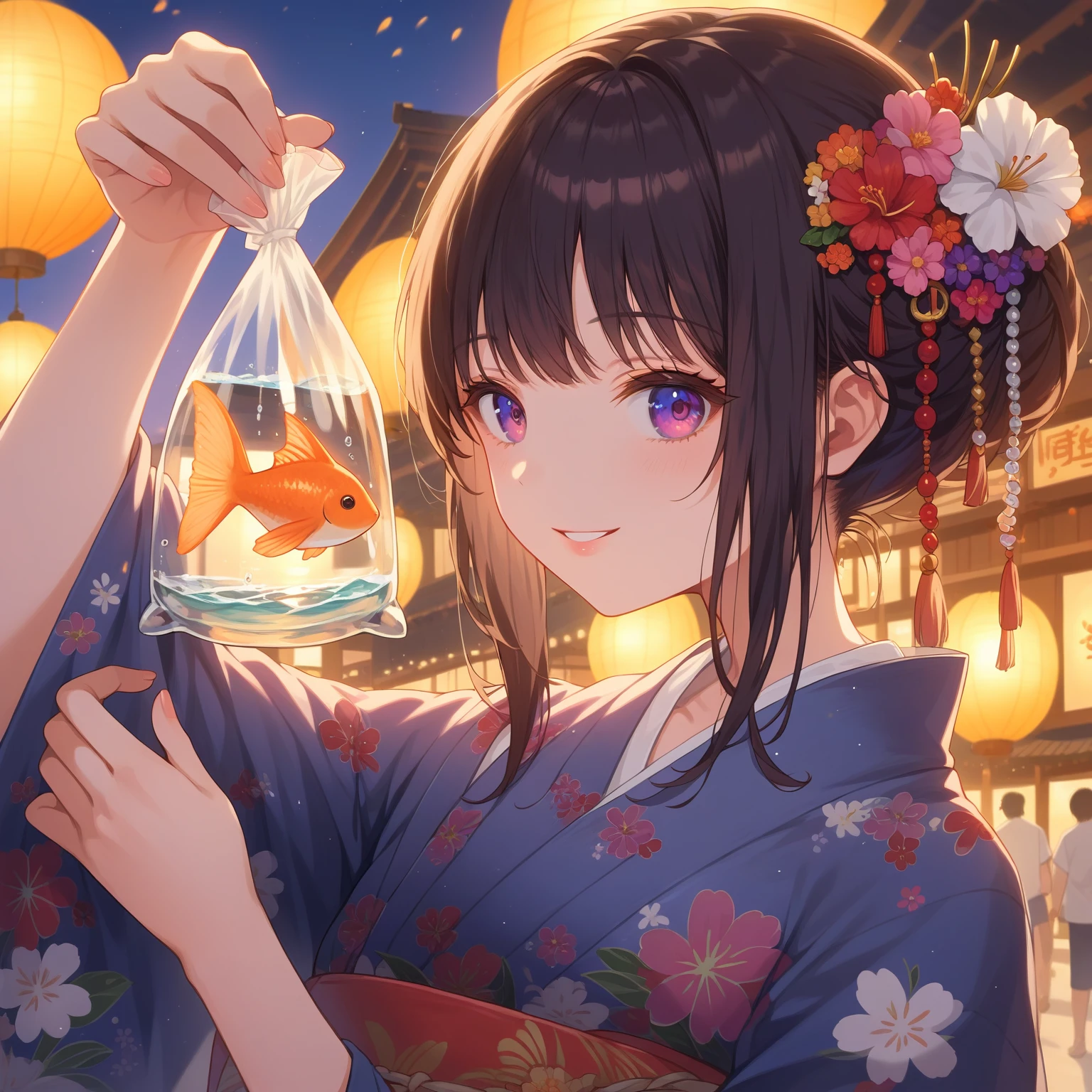 score_9_up, score_9, score_8_up, score_7_up, source_anime,masterpiece, best quality, high resolution, extremely detailed CG, absurdres, highres,On the evening of the summer festival, 1girl, solo, a girl in a yukata holds a goldfish in a small transparent plastic bag. The girl lifts the bag in front of her eyes and looks ahead through the water in the bag with a gentle smile, good_hands, Long eyelashes, detailed beautiful eyes