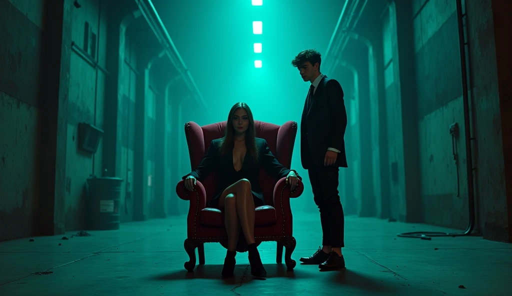 An eerie warehouse-like room with perfect detail
And a complex hacking system
A blue and green lighting
A few dots left next to the picture
and a young woman in a black suit sitting on a large aristocratic red chair
And a young man standing next to her and holding a gun