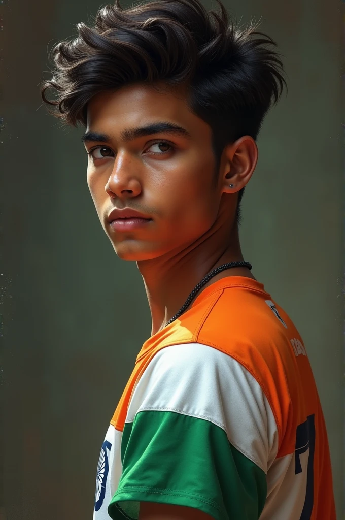 Create a pic of a teenage boy looking behind wearing Indian flag named vedant and the number 7