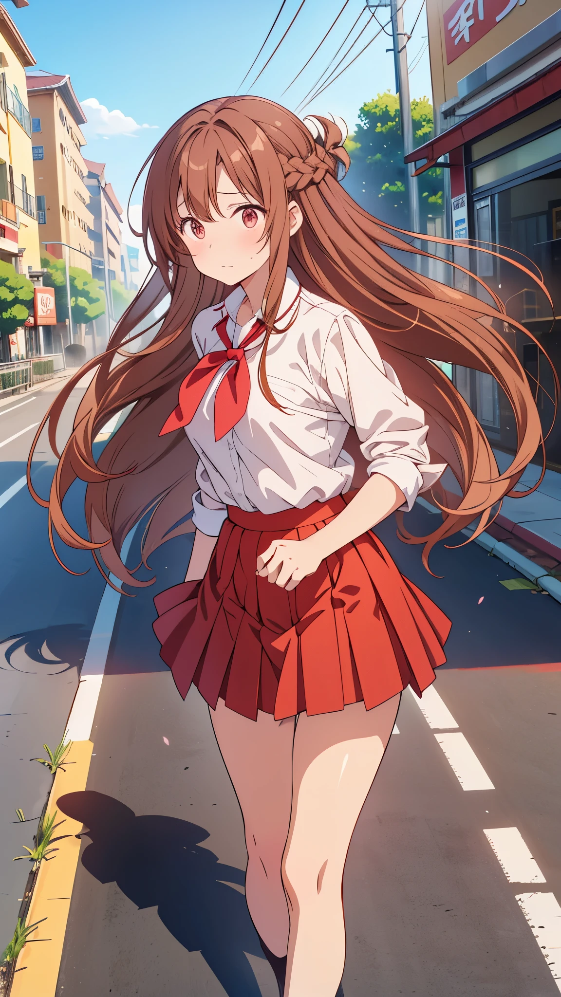 An anime girl with long brown hair walks down the sidewalk. Dark brown hair.,Long Wavy Hair、20-year-old woman、shy、Beautiful Hong Kong Chinese University、White shirt,Red flared skirt,Good style,,(Look forward)(((My cheeks are red.、Embarrassed expression)),(((The wind blew up her skirt)))、((You can see everything))、Light pink lace,The skirt was blown up by the wind