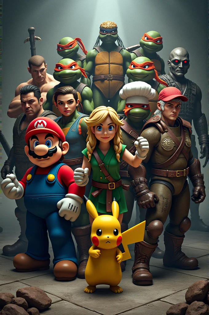 Super Mario, Link from Zelda , the Ninja Turtles Pikachu, He-Man, Terminator and the Master Chef on a group photo in attack mode 