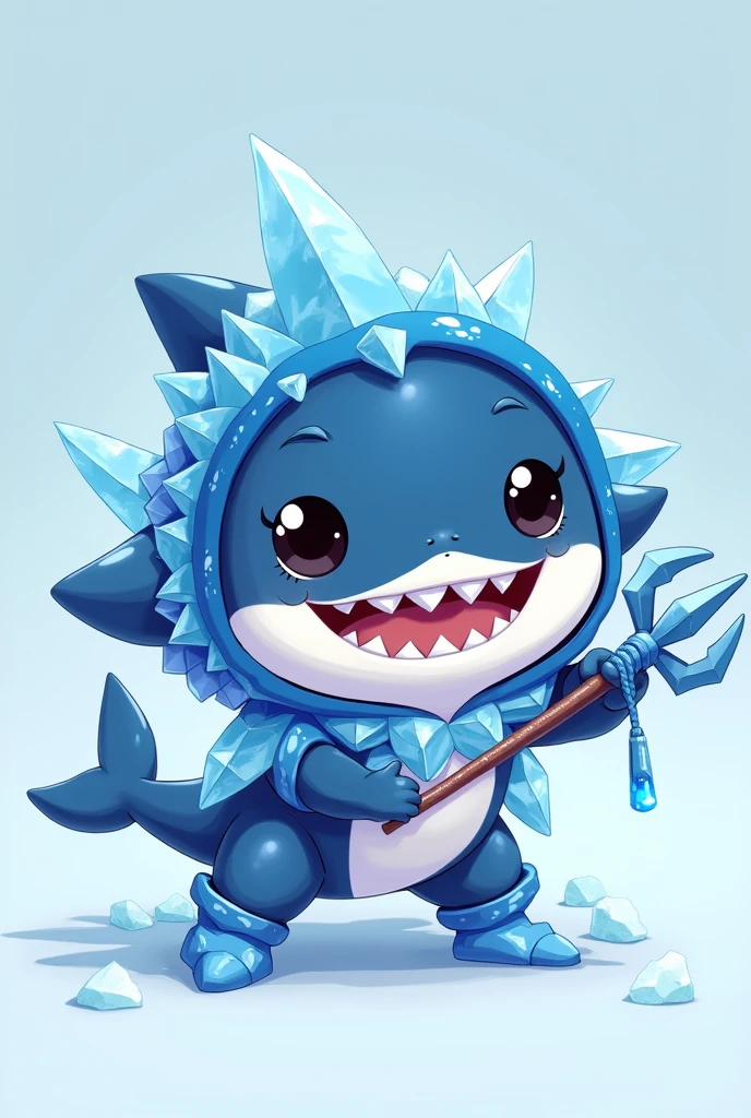 A chibi baby black shark with icy blue scales and frosty accents. Ice armor and holding a mini trident. Style : Ken Sugimori, 2d , anime, Full-body, t pose, 4k , HDR, highest quality, cel shaded