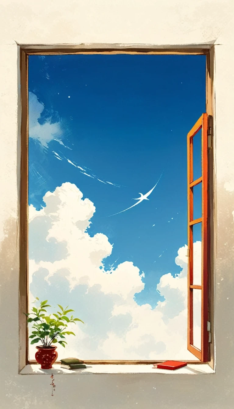 中国水墨画sketch：Light Ink，Lowercase，sketch，artistic conception，window，cloud，Minimalism，(((Negative Space,Bottom left composition)))