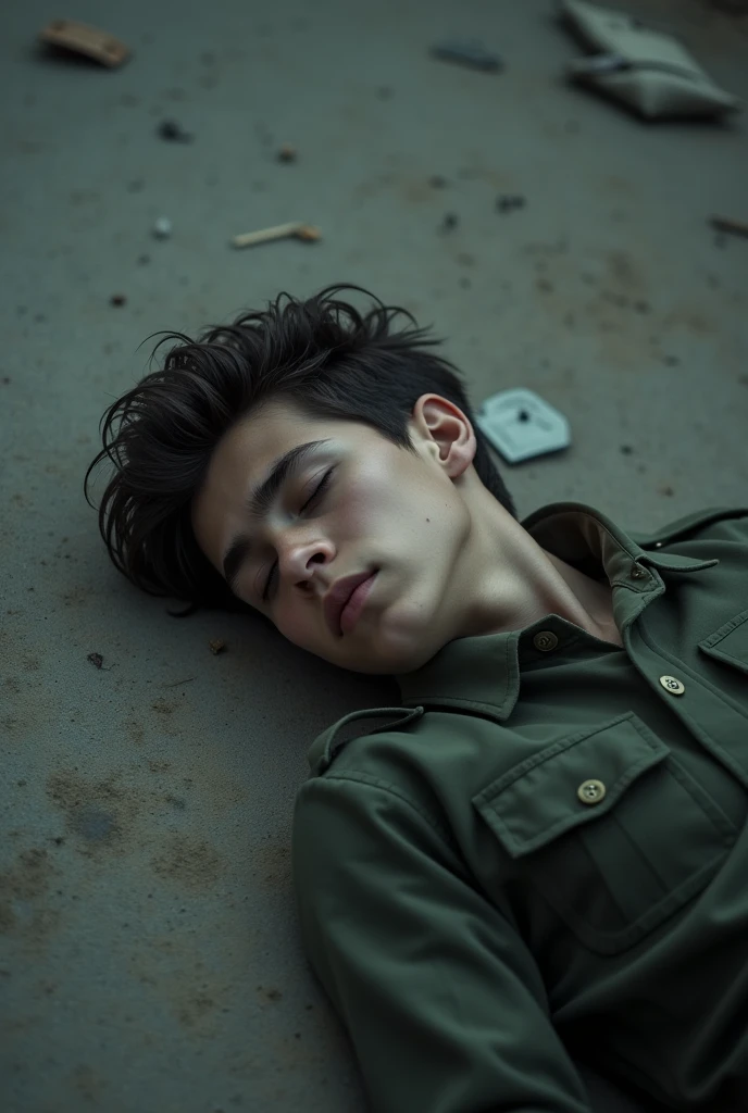A 17-year-old boy in uniform. He is sleeping on the floor