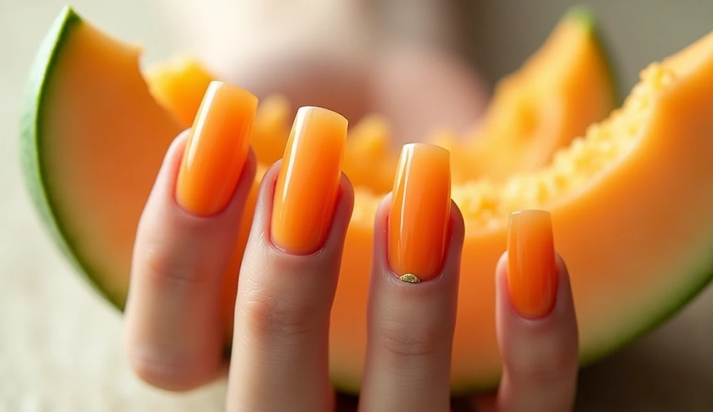 **Cantaloupe Crescent Nail Art:** This design incorporates crescent-shaped cantaloupe slices along the edges of the nails. The center of each nail features a smooth, detailed crescent slice with vibrant orange flesh. The background mimics the cantaloupe’s rind, with a soft green and beige gradient that wraps around the crescent slices, giving the nails a natural, harmonious look.