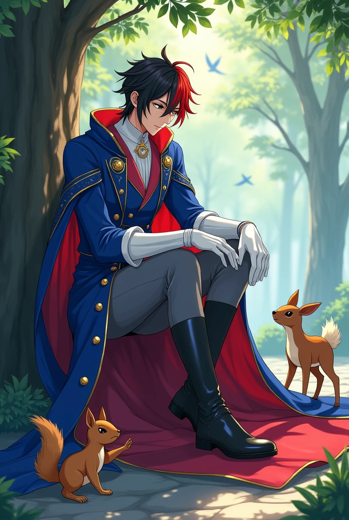 Make an anime male character who had black hair and red hair on the middle side, blue royal prince suit with white sleeves and gold buttons stripes, white gloves gray pants, white and yellow boots, long bright red cloak with hood. The height is 176 cm and sitting near the tree seeing birds, squirrel and baby deer approaching to him