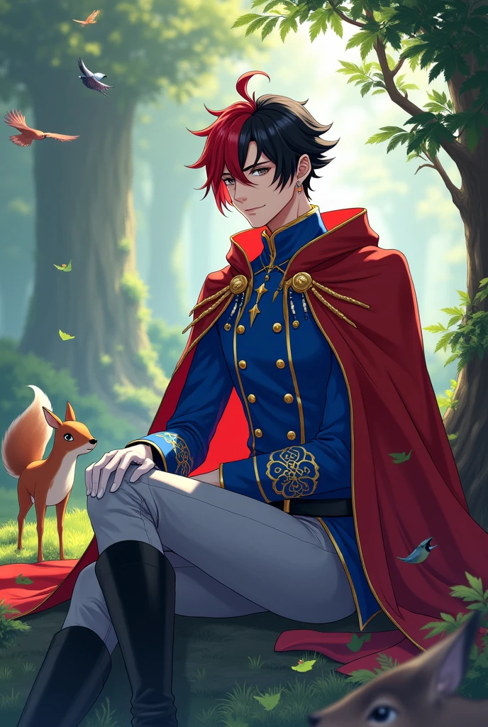 Make an anime male character who had black hair and red hair on the middle side, blue royal prince suit with white sleeves and gold buttons stripes, white gloves gray pants, white and yellow boots, long bright red cloak with hood. The height is 176 cm and sitting near the tree seeing birds, squirrel and baby deer approaching to him 
