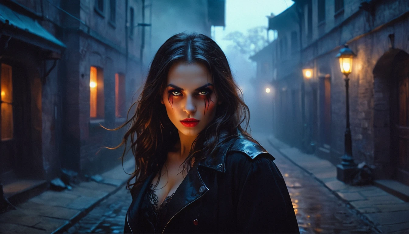 ((a female vampire's pair of glowing eyes shines)) close up picture, (((the fog hides the face))), you see only the glowing eyes , you see only the pair of eyes, fantasy dark alley background, the fog fills the alley, you see only the glowing eyes