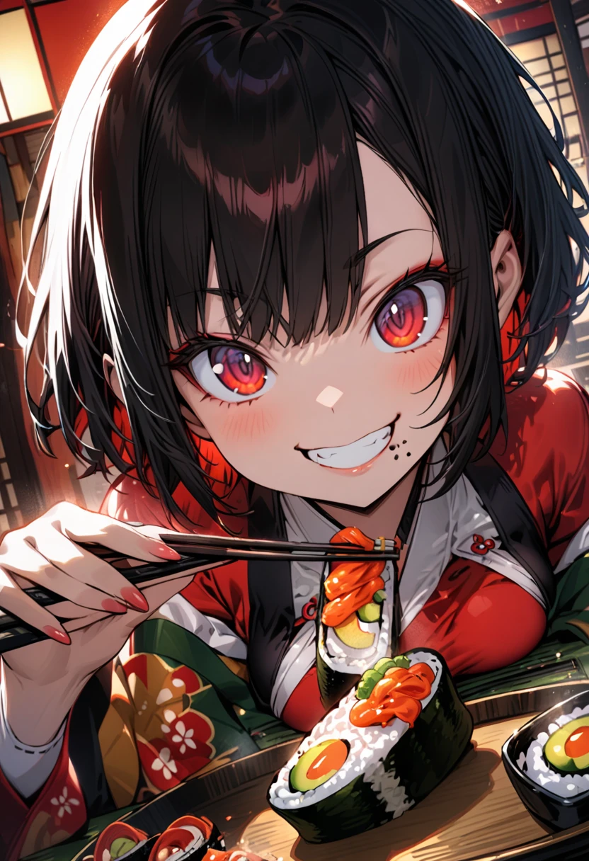 Short hair, woman, small breasts, red sharp eyes, big eyes, cute girl, eating sushi with chopsticks, Japanese sushi, big smile, nice smile, detailed face, busty camera angle