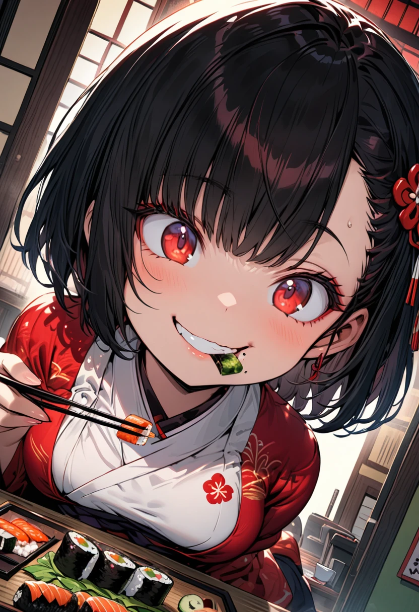 Short hair,  woman, small breasts, red sharp eyes, big eyes, cute girl, eating sushi with chopsticks, Japanese sushi, big smile, nice smile, detailed face, busty camera angle