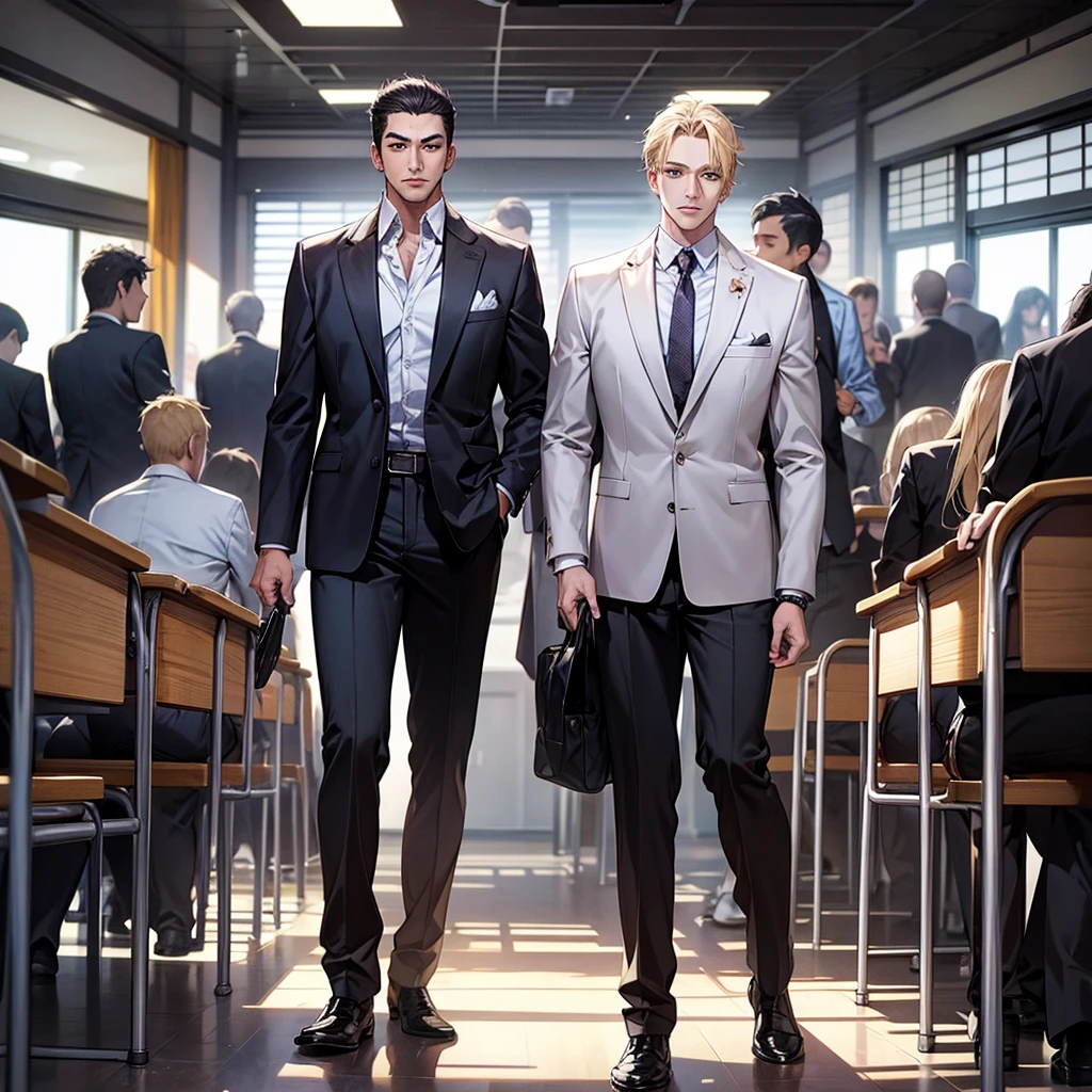 Create a story for a group of students School background, gangster, cool, walks around class, Japanese, all male, blond hair, black yakuza.