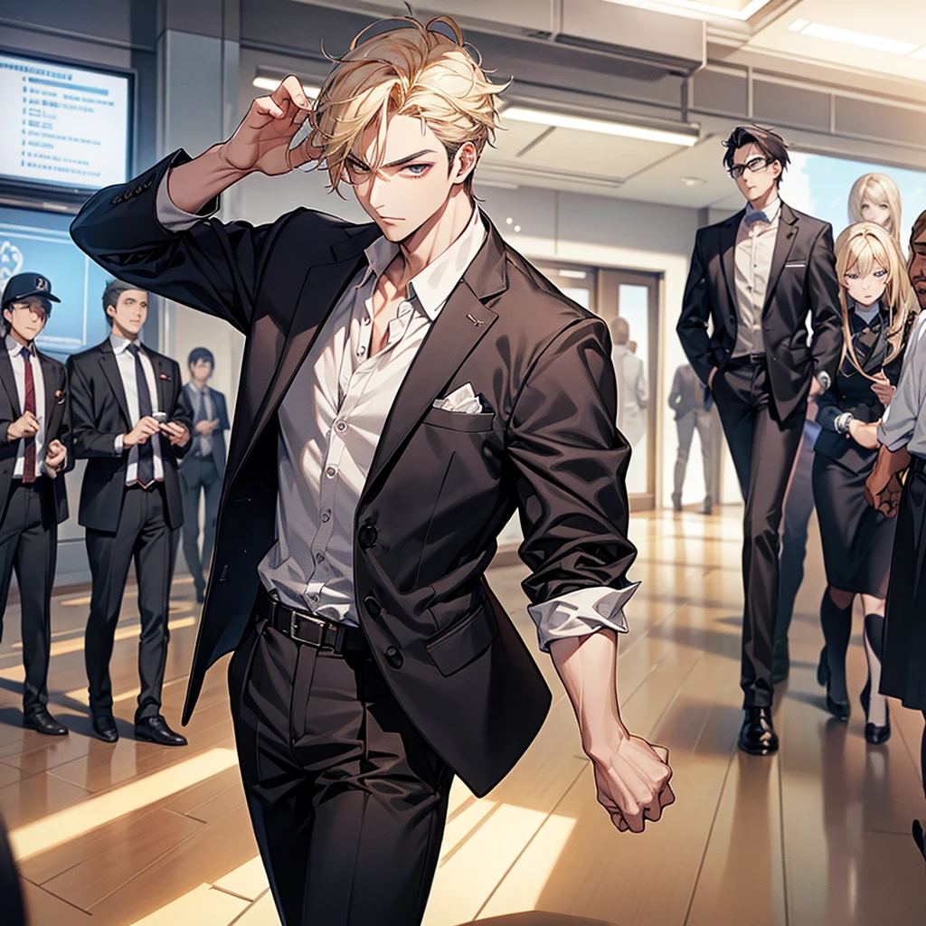 Create a story for a group of students School background, gangster, cool, walks around class, Japanese, all male, blond hair, black yakuza.