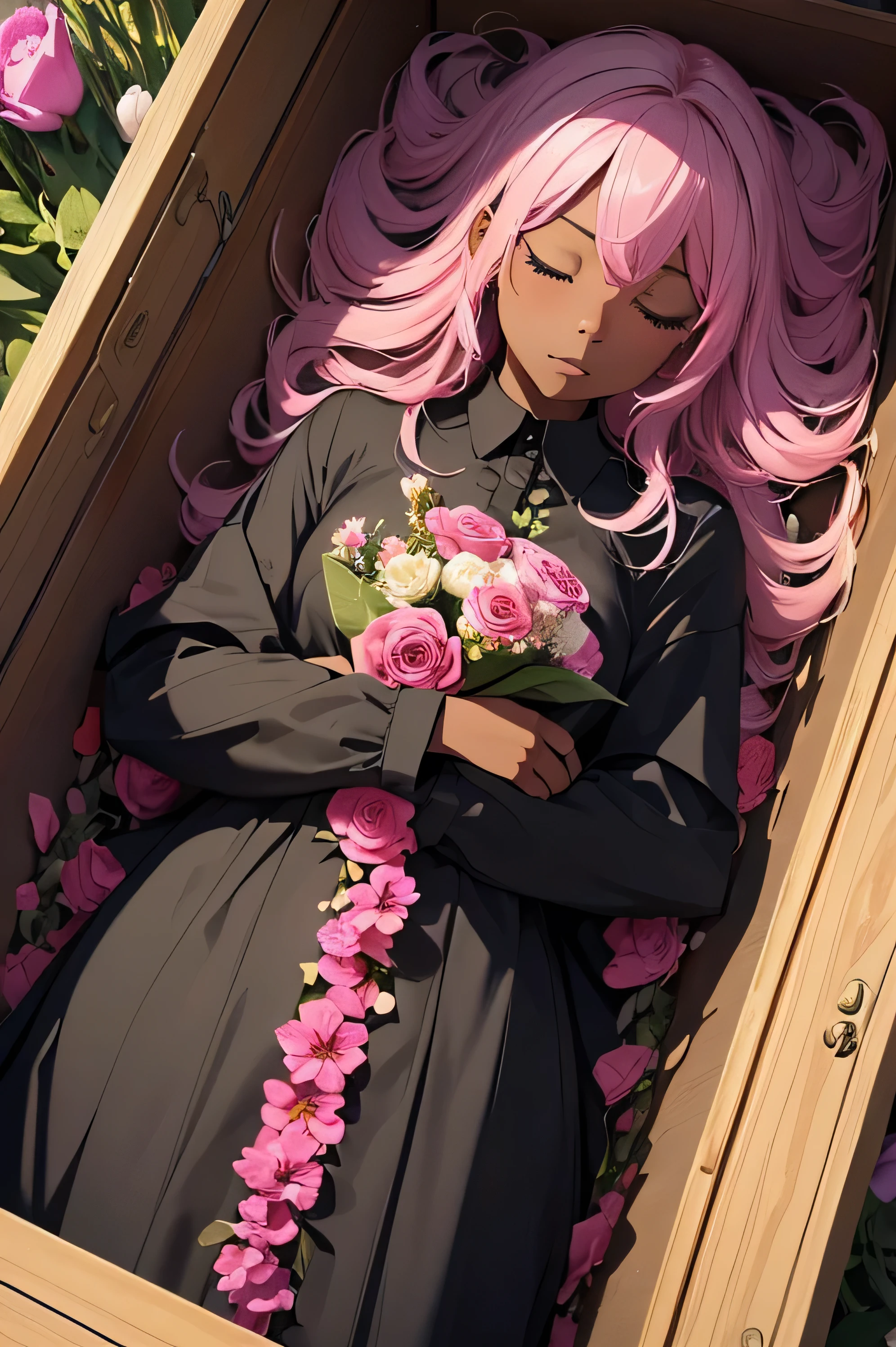 ((Artwork, high quality)), (girl), (black skin), (pink hair), (eyes closed), (dressed entirely in black), (lying inside a coffin), (surrounded by flowers).