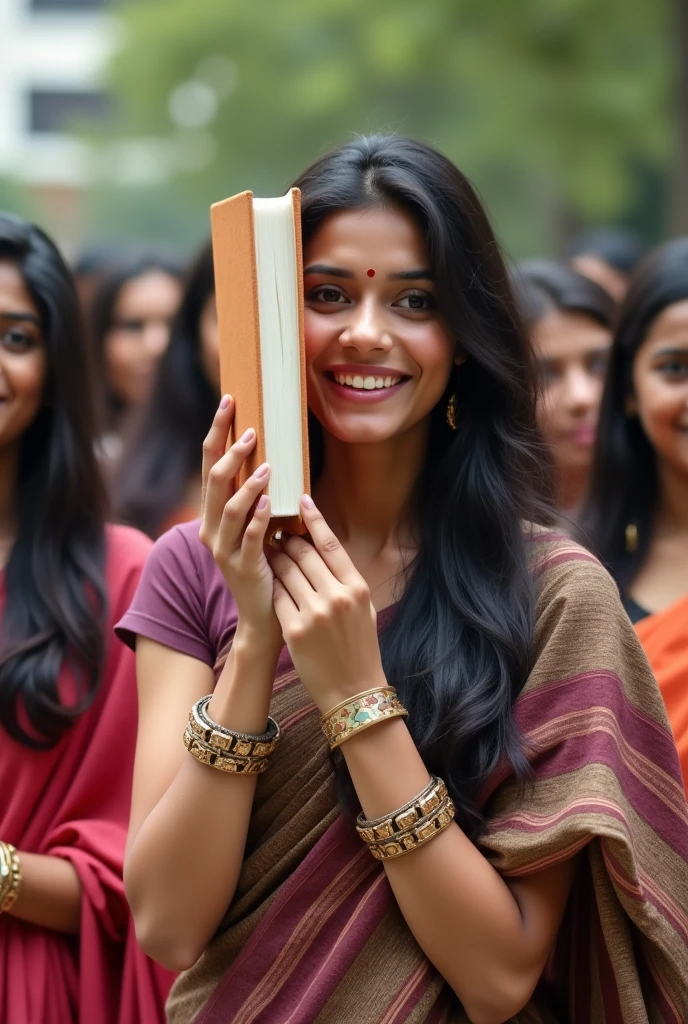 A really indian girl and big breasts but very modestly clothed and she is young like a college student with half her face covered with a book and she smiles beautifully all with some other Indian girls, taking a realistic photo and candid