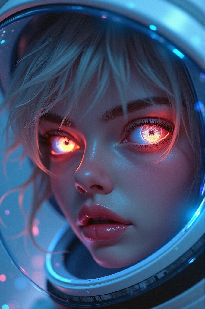 (Close-up of a better masterpiece:1.5)0.9], (Space and astronauts:1.2) (Messy silver hair:1.1) (Heterochromia xanthochromia and blue eyes:1.2) (Space Helmet:1.0) (Colored stars in the eyes:1.0) (A radiant glow:1.1) (thick lips:0.9)