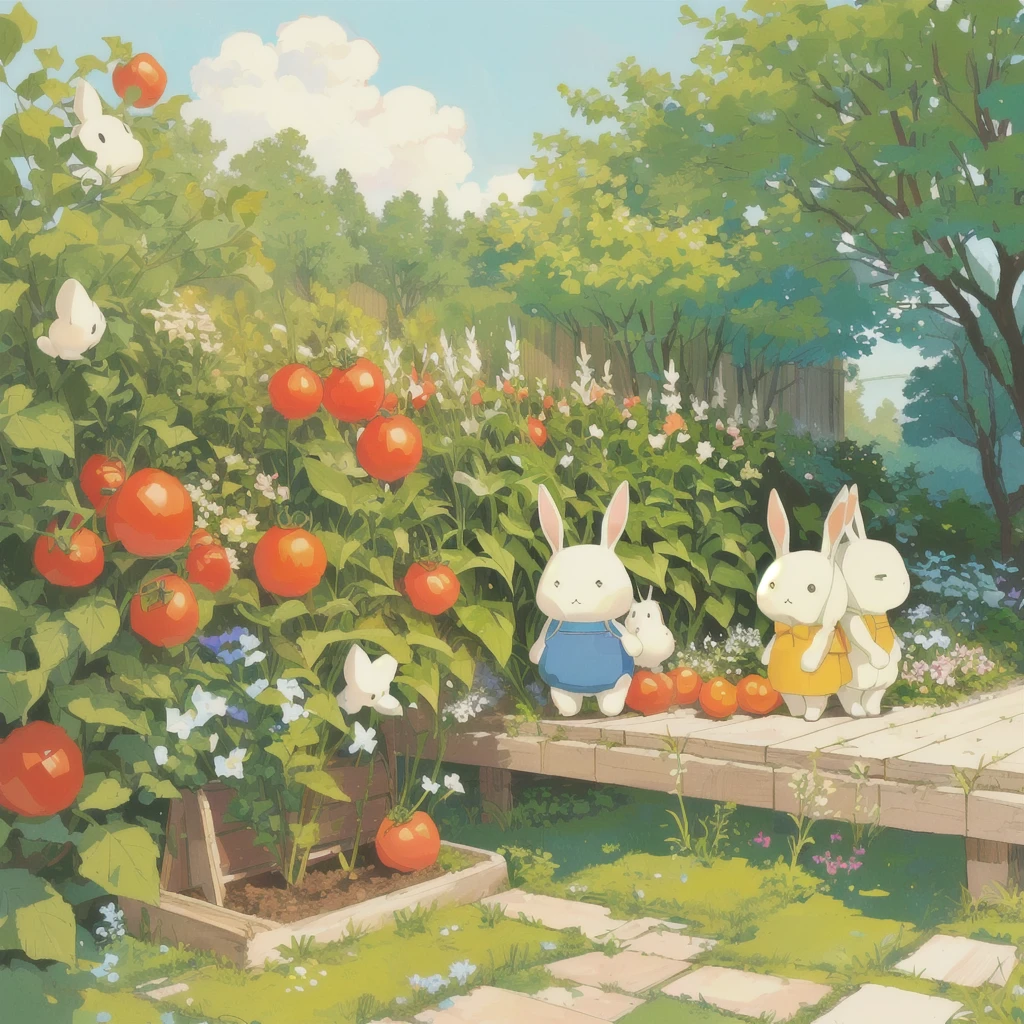 there are two rabbits that are standing on a bench In the garden, In the garden, In the garden, Cute style garden, author:Yumihiko Amano, Miffy, Garden background, author:Naohisa Inoue, Ghibli art style, Gardening, Studio Ghibli style, author:miwa komatsu, Studio Ghibli Art, Forest argan tomato body