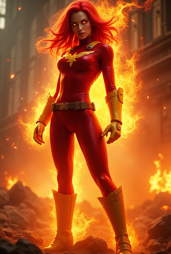 1girl, glowing eyes, redhead, angry, red suit, yellow gloves, belt and boots, phoenix symbol, burning aura