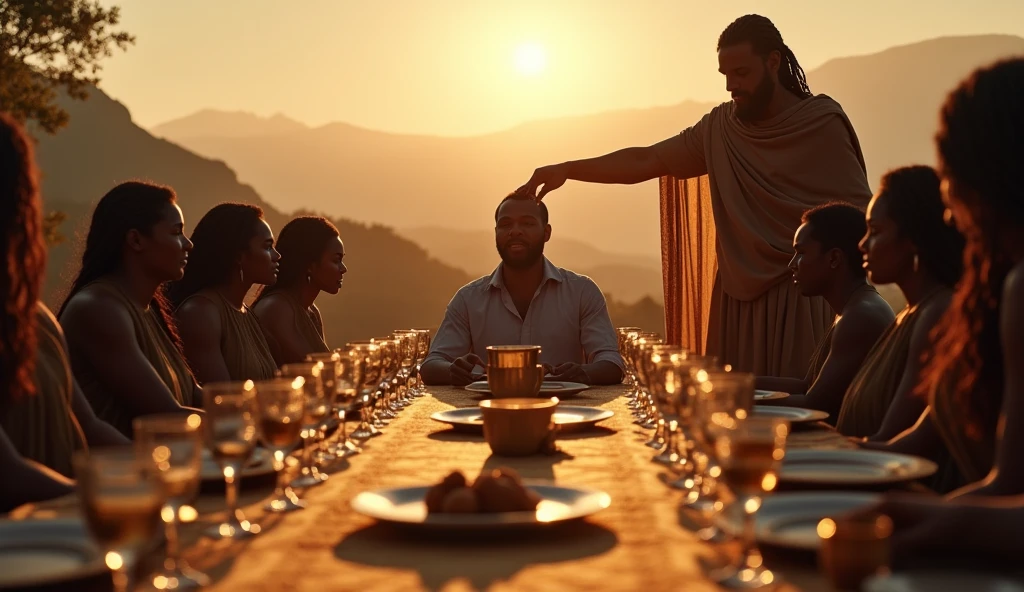 "In an intense and evocative cinematic scene, imagine a luxurious banquet in a vast outdoor space, illuminated by the soft evening light. In the center of the table, richly decorated with opulent plates and crystal glasses, a man with a serene and confident expression sits, surrounded by an atmosphere of peace, despite the threatening presence of shadowy figures in the background, representing their enemies. The table is surrounded by lush scenery, with mountains in the distance and a sky in shades of orange and purple. In a symbolic gesture, a benevolent figure approaches, anointing the man's head with oil, as a cup overflows, symbolizing abundance and blessings. The image captures the tension between adversity and inner peace, reflecting the profound message of divine protection and provision."