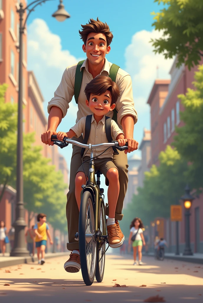 A father taking his son on the back of his bicycle to the examination centre