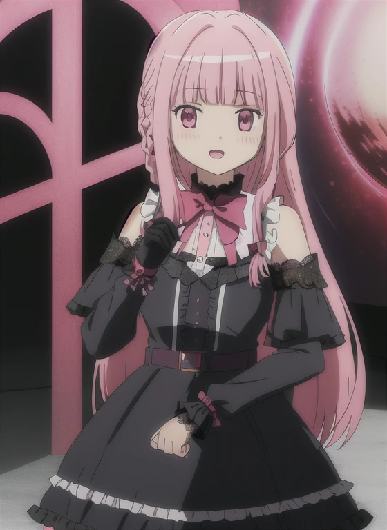 (masterpiece,best quality,High resolution, hignity 8k wallpaper,highres),1 girl, tamaki_iroha_puellamagimadokamagicasidestorymagiarecord,pink_hair, pink_eyes, bangs, blunt_bangs, braid, sidelocks, blush, bow, long_hair, naked, GothGal, ((((wearing a GothGal outfit,dress,ribbon,lace,frills)))),full body,holding,holding phone,smartphone,blush,smile,open mouth