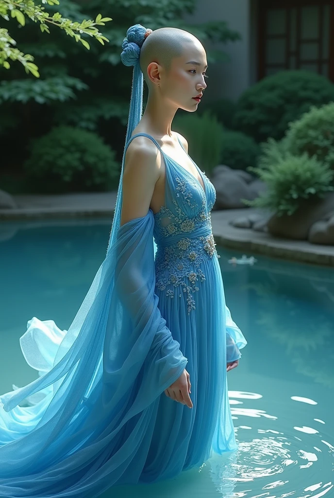 araffe asian woman in a blue dress posing in a pool, japanese goddess, inspired by Li Tang, queen of the sea mu yanling, asian nymph bald goddess, giant stunning goddess shot, oriental fantasy, chinese empress, asian hyperdetailed, asian female water elemental, inspired by Lam Qua, inspired by Lan Ying, character is in her natural pose