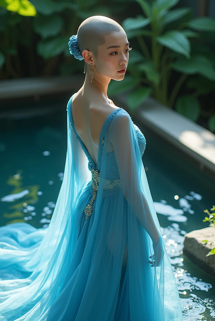araffe asian woman in a blue dress posing in a pool, japanese goddess, inspired by Li Tang, queen of the sea mu yanling, asian nymph bald goddess, giant stunning goddess shot, oriental fantasy, chinese empress, asian hyperdetailed, asian female water elemental, inspired by Lam Qua, inspired by Lan Ying, character is in her natural pose