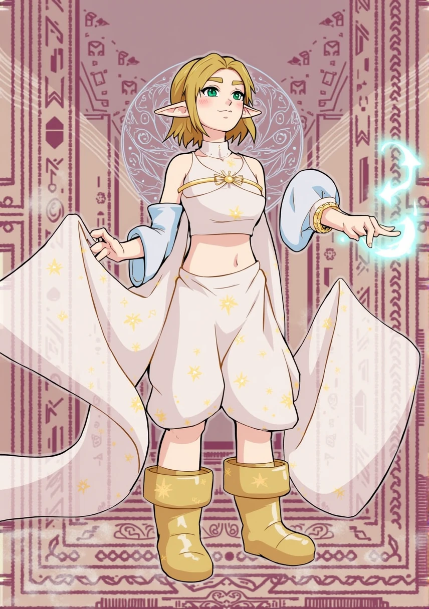 Princess Zelda, 1 girl, artist request, waist belt, hair blonde, blue chemise, Boken, booties, unexpressive, whole body, greeneyes, high resolution, looking ahead at viewer, magie, nintendo, pants, pointy ears, chemise, shorth hair, simple background, standing alone, a lenda de Zelda, a lenda de Zelda: breath of the wild, a lenda de Zelda: Tears of the Kingdom, flower made of light, magie