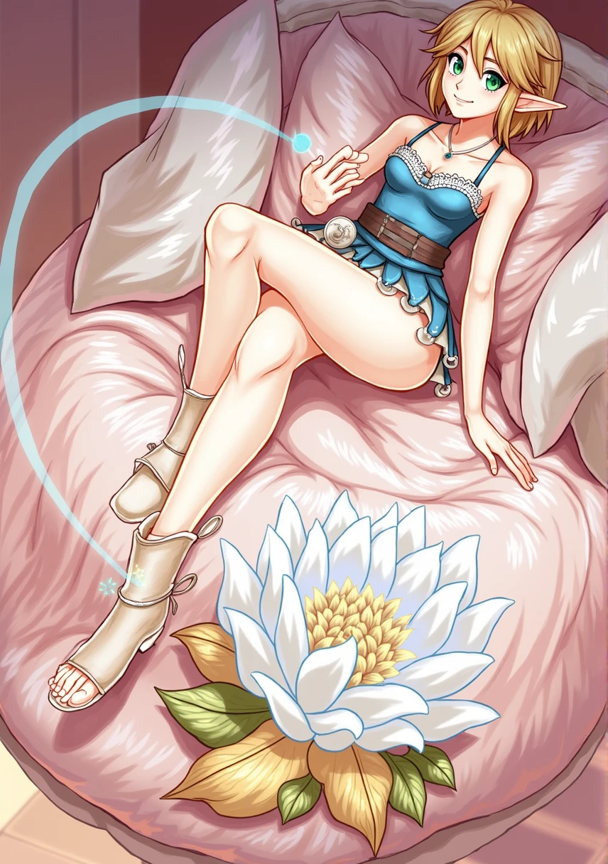Princess Zelda, 1 girl, artist request, waist belt, hair blonde, blue chemise, Boken, booties, unexpressive, whole body, greeneyes, high resolution, looking ahead at viewer, magie, nintendo, pants, pointy ears, chemise, shorth hair, simple background, standing alone, a lenda de Zelda, a lenda de Zelda: breath of the wild, a lenda de Zelda: Tears of the Kingdom, flower made of light, magie