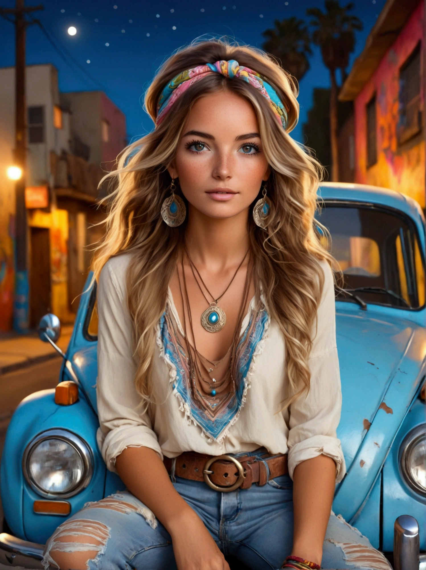 Create a beautiful woman, a work of art in the best quality, perfect face, lightly tanned, pearlescent effect, clear and detailed eyes, detailed eyelashes and eyebrows, full mouth, marked makeup, blush and mascara, messy long light brown hair, earrings and necklaces in colorful hippie style strings, colorful bandana on the head, locks on the face, soft white floral blouse, crumpled on the shoulders and tied in the front with a string, blue jeans with rips, hippie style painting, worn leather belt with bronze buckle, perfect half body, sitting on top of a VW beetle style painted in colorful graffiti, 70s. a meeting of old cars ((at night, street in an old neighborhood in Los Angeles)), big moon between the buildings, UHD.