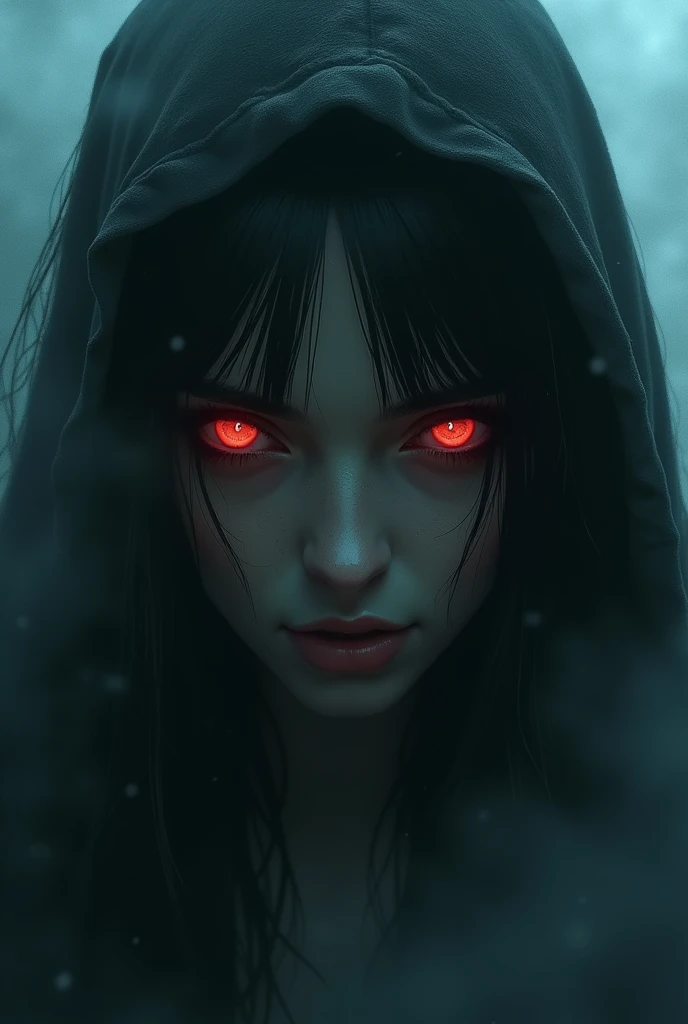 fantasy comic art ((a female vampire's pair of glowing eyes shines)) close up picture, (((the fog hides the face))), you see only the glowing eyes , you see only the pair of eyes, fantasy dark alley background, the fog fills the alley, you see only the glowing eyes 