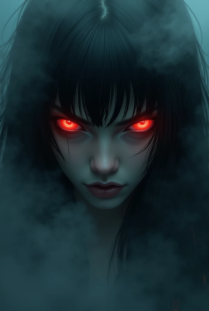 fantasy comic art ((a female vampire's pair of glowing eyes shines)) close up picture, (((the fog hides the face))), you see only the glowing eyes , you see only the pair of eyes, fantasy dark alley background, the fog fills the alley, you see only the glowing eyes 