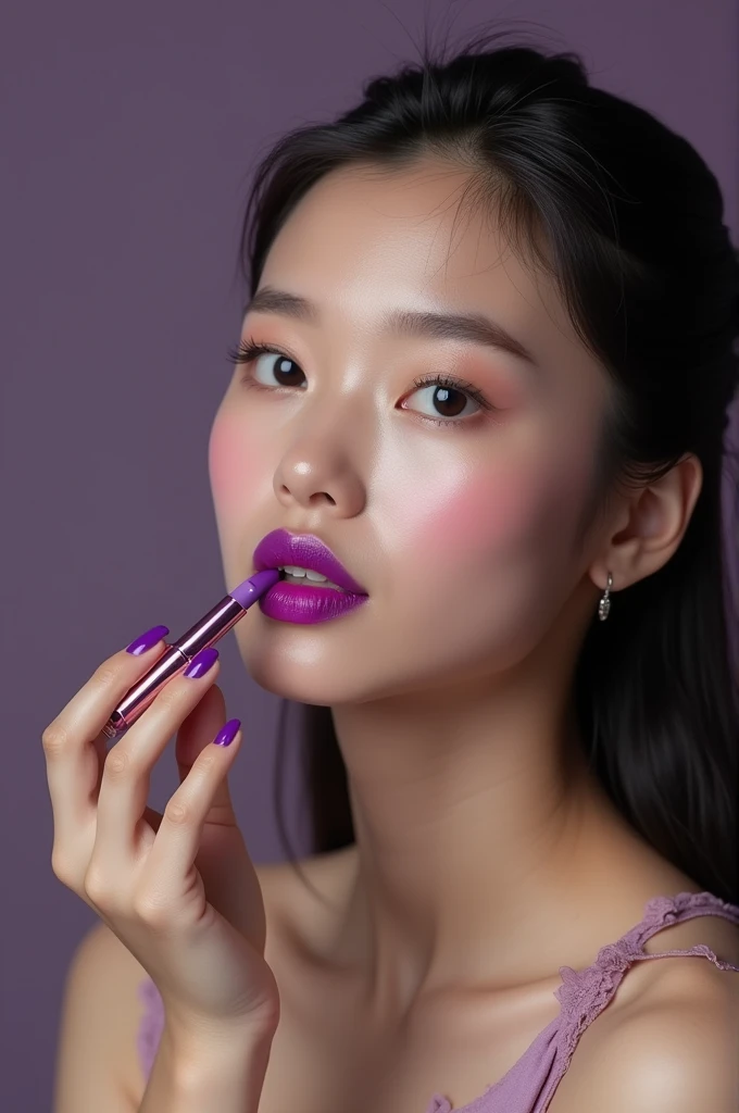 A girl applying purple lipstick 12k