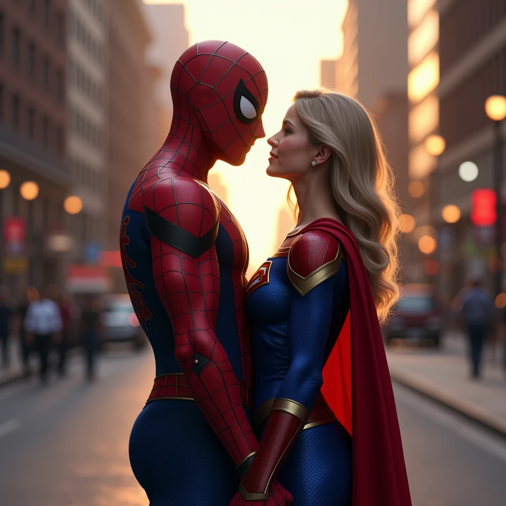 "Create a highly detailed and realistic image of Spider-Man and Supergirl standing together on a city street at dusk. Spider-Man, in his iconic red and blue suit, gently holds Supergirl's hand. Supergirl, in her signature blue and red costume, looks at Spider-Man with a warm smile. They stand on a quiet road with the city skyline in the background, illuminated by streetlights and a soft, golden sunset. The scene should convey a sense of love and connection between the two superheroes, with realistic shadows and reflections on the pavement."