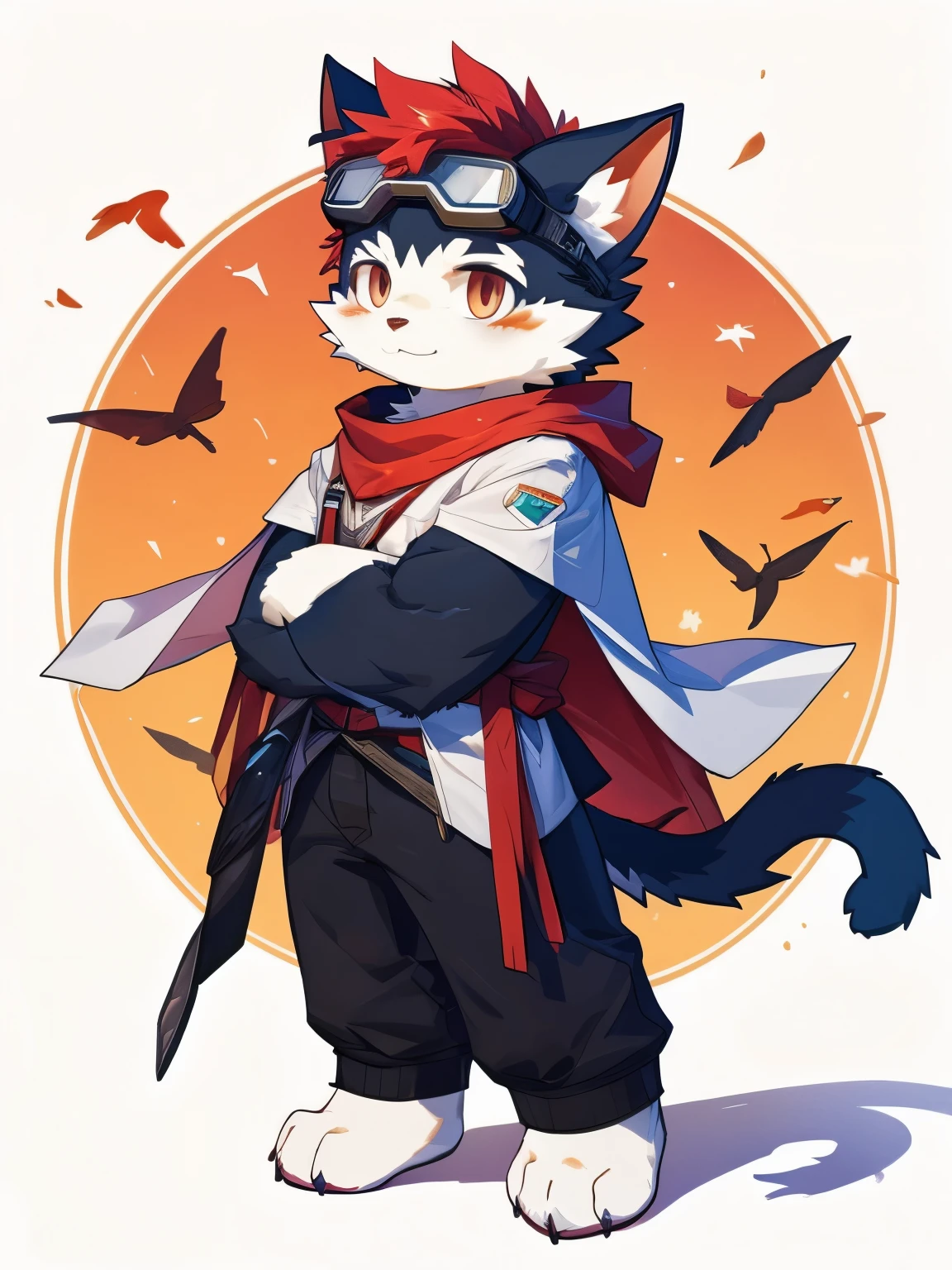 nj5furry,kemono,full-length portrait,anthro,hi res,male,Red hair,Cat,Goggles,Wristband,White cape,strong,Fluffy hair,Plush paw,A tail,Delicate eyes,Detailed eyes