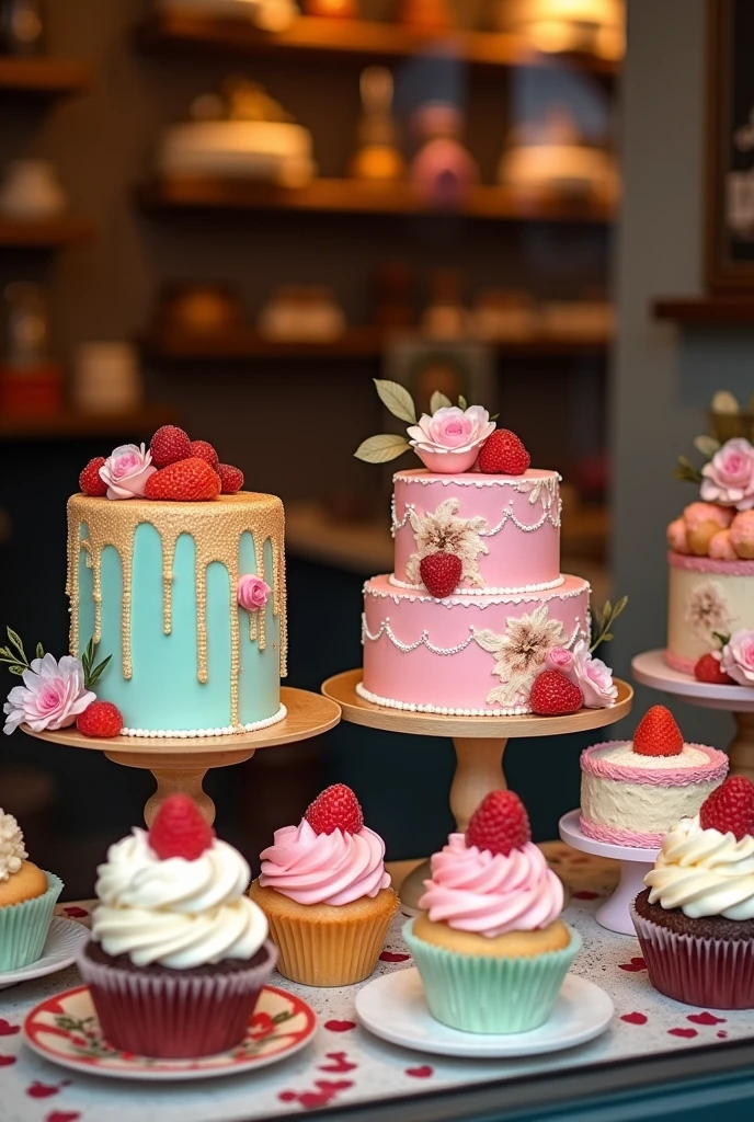 make a bakery window display with cakes, cupcake, cakes and other types of desserts
