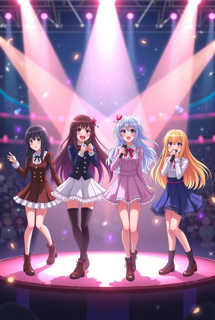 4 anime girls singing in a stage, one with a black bob, one with curly hair, one with straight hair and one with straight blonde hair