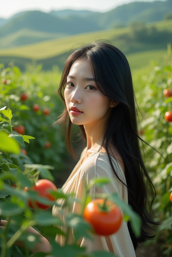 close-up of beautiful Korean woman, ) white skin) long black hair) walking in the tomato plantation in the morning), rice field background, UHD