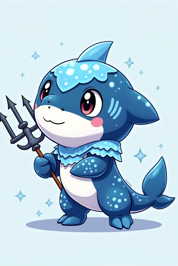 A chibi  baby black shark with icy blue scales and frosty accents. Ice armor and holding a mini trident. Style : Ken Sugimori, 2d , anime, Full-body,  t pose, 4k , HDR, highest quality, cel shaded 