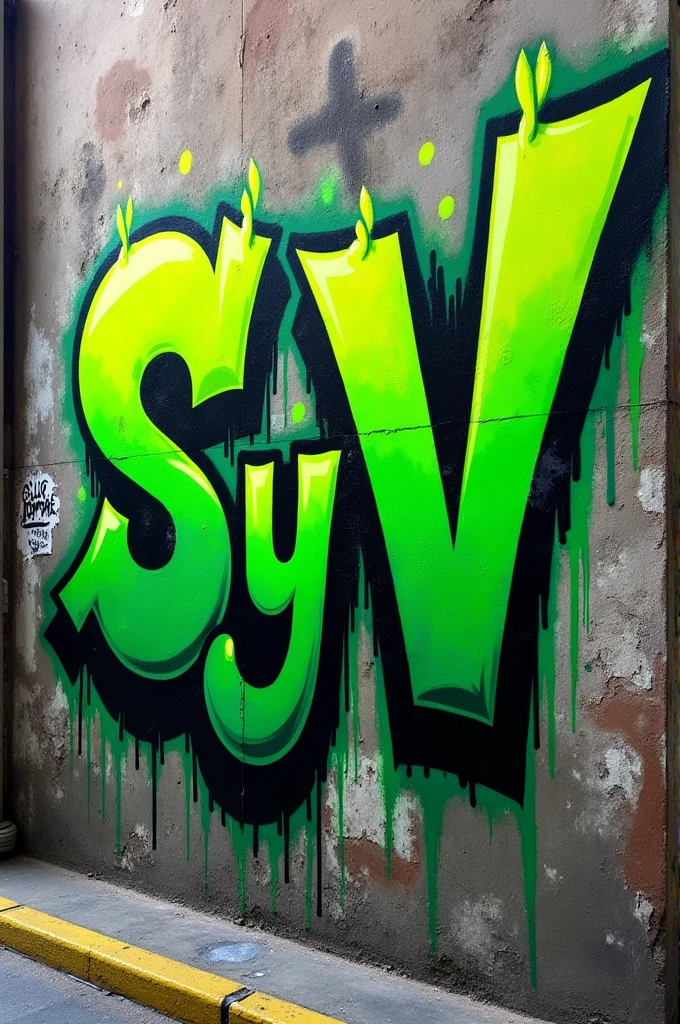 A green graffiti with the initials S, y V