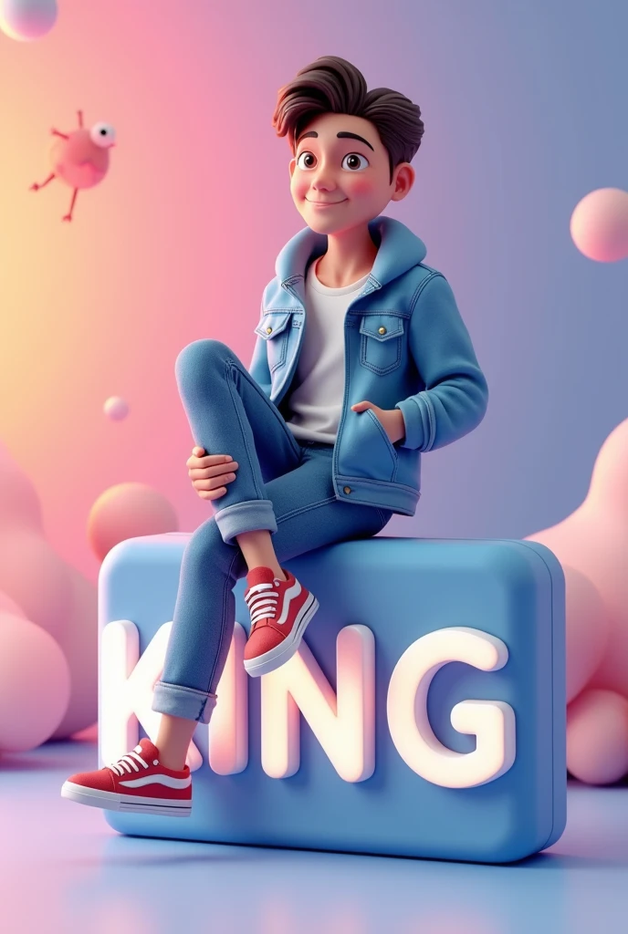 Create a 3D illustration of an animated character sitting casually on top of a social media logo "SocialMedia". The character must wear casual modern clothing such as jeans jacket and sneakers shoes. The background of the image is a social media profile page with a user name "KING" and a profile picture that match