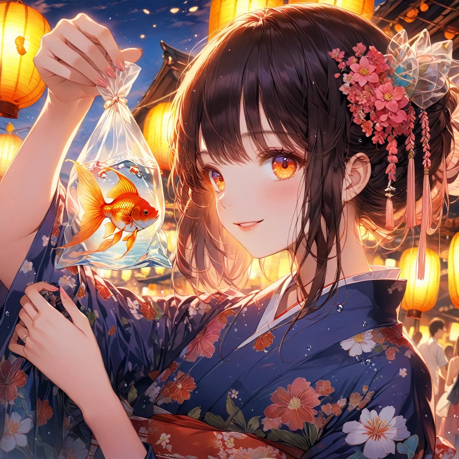 score_9_up, score_9, score_8_up, score_7_up, source_anime,masterpiece, best quality, high resolution, extremely detailed CG, absurdres, highres,On the evening of the summer festival, 1girl, solo, a girl in a yukata holds a goldfish in a small transparent plastic bag. The girl lifts the bag in front of her eyes and looks ahead through the water in the bag with a gentle smile, good_hands, Long eyelashes, detailed beautiful eyes