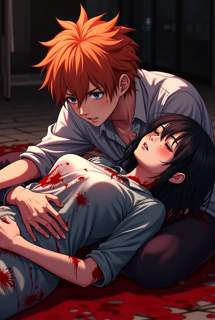 2 people, handsome guy with orange hair, blue eyes, crying, holds a woman with very short black hair on her lap, eyes closed, Unconscious, a lot of blood, all in blood anime art, realistically, masterpiece, Beautiful, realistically, clothes covered in blood