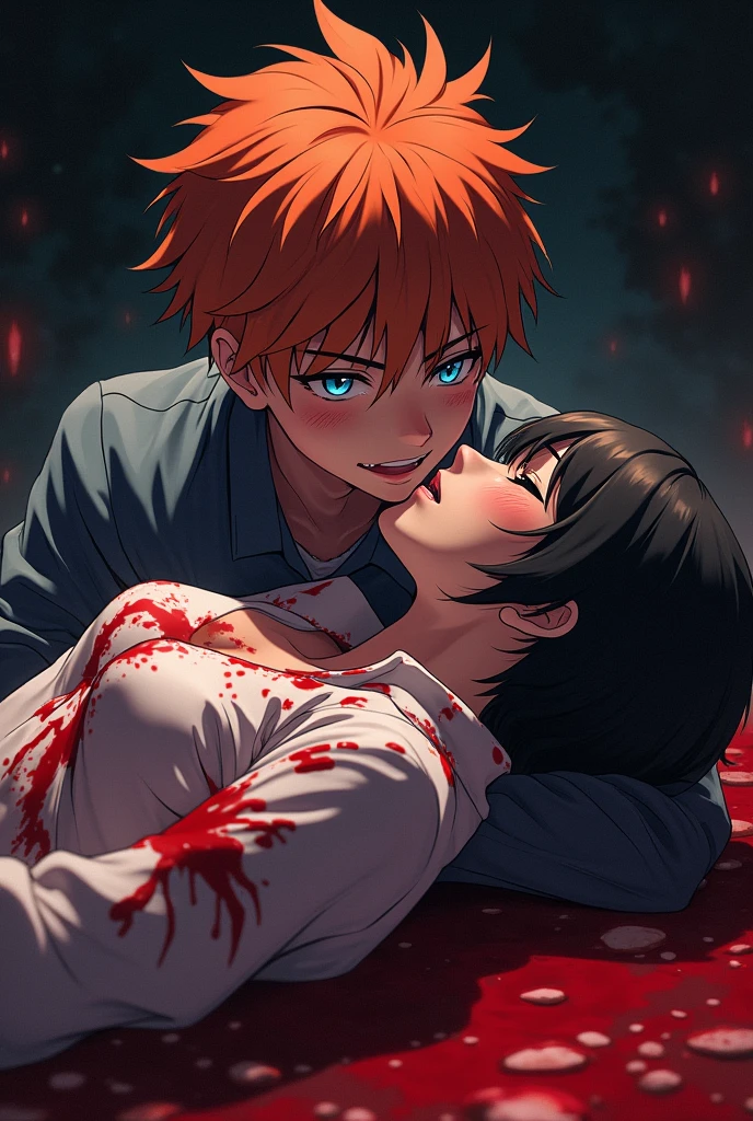 2 people, handsome guy with orange hair, blue eyes, crying, holds a woman with very short black hair on her lap, eyes closed, Unconscious, a lot of blood, all in blood anime art, realistically, masterpiece, Beautiful, realistically, clothes covered in blood