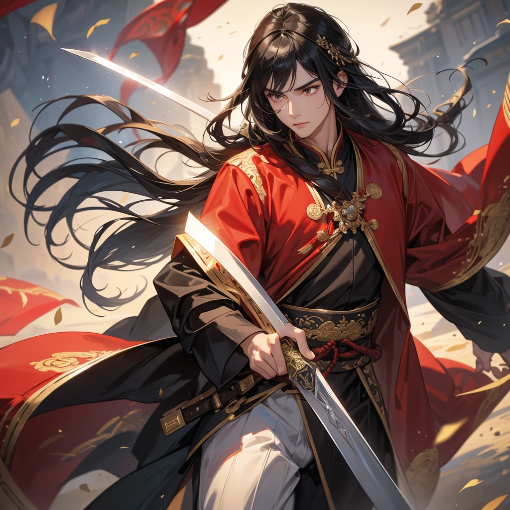 handsome black-haired man general holding a large sword in an ancient Chinese general outfit is on an ancient Chinese battlefield.