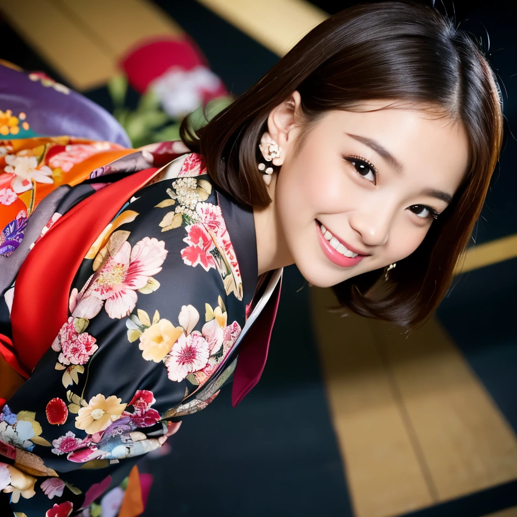 Japanese ID ,((cute ,Baby Face:1.2)),(8k, RAW Photos, Very detailed, Highest quality:1.2), (Realistic, Photorealistic:1.4), (Very detailed, Ultra-high resolution ,beautiful, Tabletop:1.2), ,Very detailed顔と目,Glowing Skin,(Upper Body:1.Professional Lighting,Soft Light, Sharp focus, Written boundary depth,Medium Hair,Earrings, (Gorgeous floral patterned kimono costume :1.3),(smile:1.3),Bokeh,(Dynamic Angle:1.5),(Japanese-style room for New Year's'Holiday. Kagami mochi and pine decorations are displayed on the tokonoma alcove.., And outside the window it's snowing. :1.3)