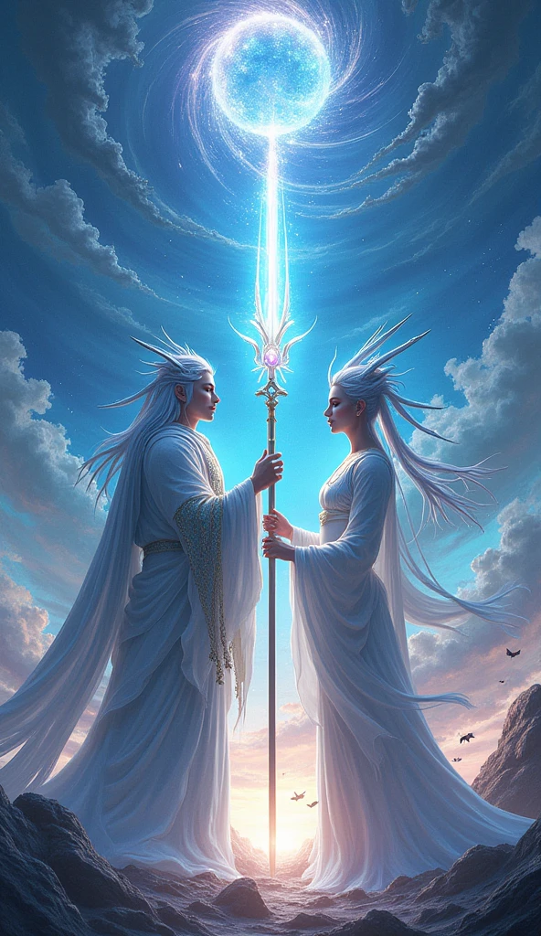 Prompt:

Izanagi and Izanami are majestically depicted in the sacred realm of Takamagahara, bathed in a celestial aura of divine radiance. Ethereal gods drift around them, their forms shimmering in the soft glow of creation. The sky swirls with vibrant blues and purples, echoing the primordial chaos. Izanagi and Izanami, resolute and dignified, hold the heavenly jeweled spear, Ame-no-Nuboko, which sparkles with a mystic iridescence, symbolizing their divine resolve to shape the world.