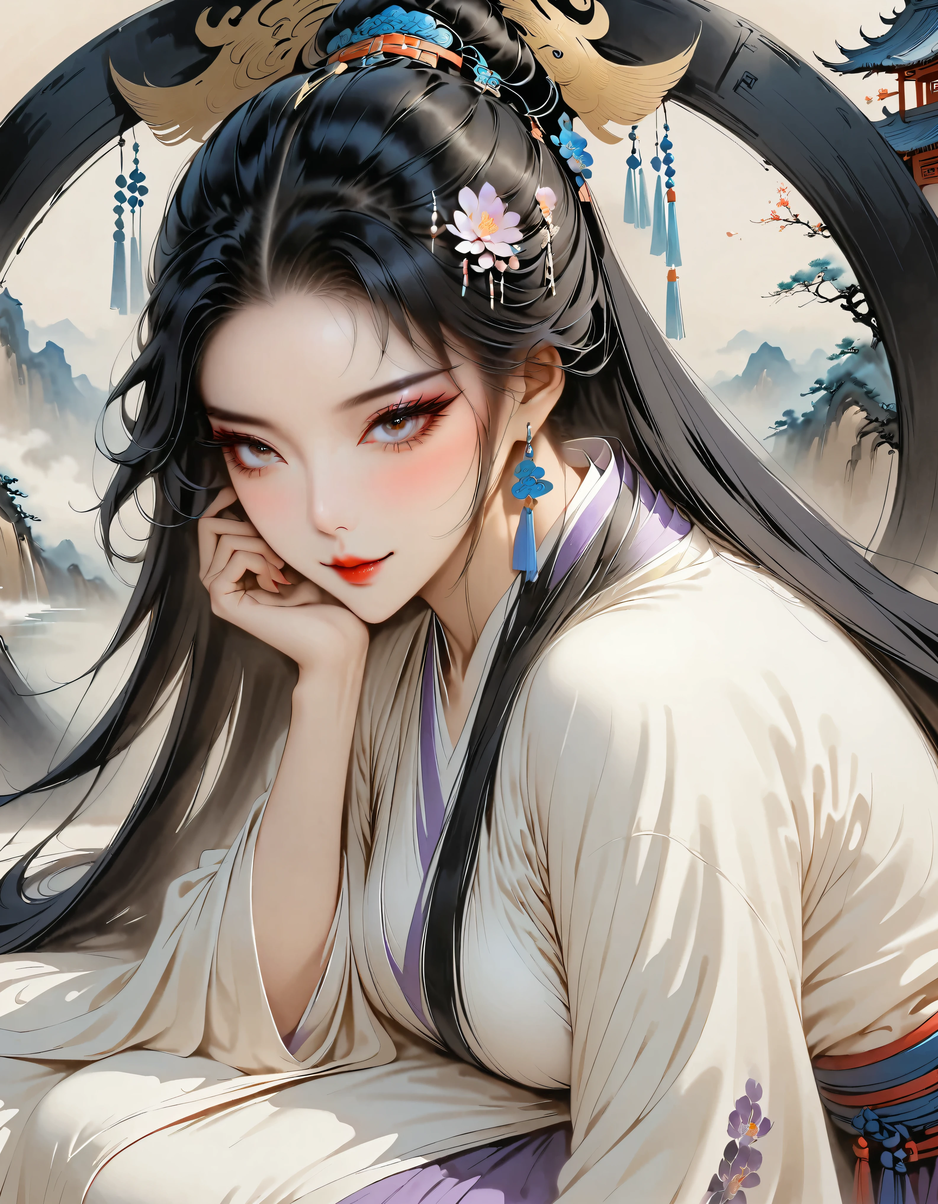 (Masterpiece, best quality:1.2), 1 girl, Hanfu Purple, (Dress conservatively:1.3), Delicate and beautiful face, mature, smile a little, long black hair, golden eyes, Lying supine on the throne, Long legs, Slender legs, (Slender legsยาว:1.2), Barefoot, (Ink stains) beautiful figure painting, Clothing ink style, traditional Chinese painting, Bismuth squid, view from above, Masterpiece, Highly detailed