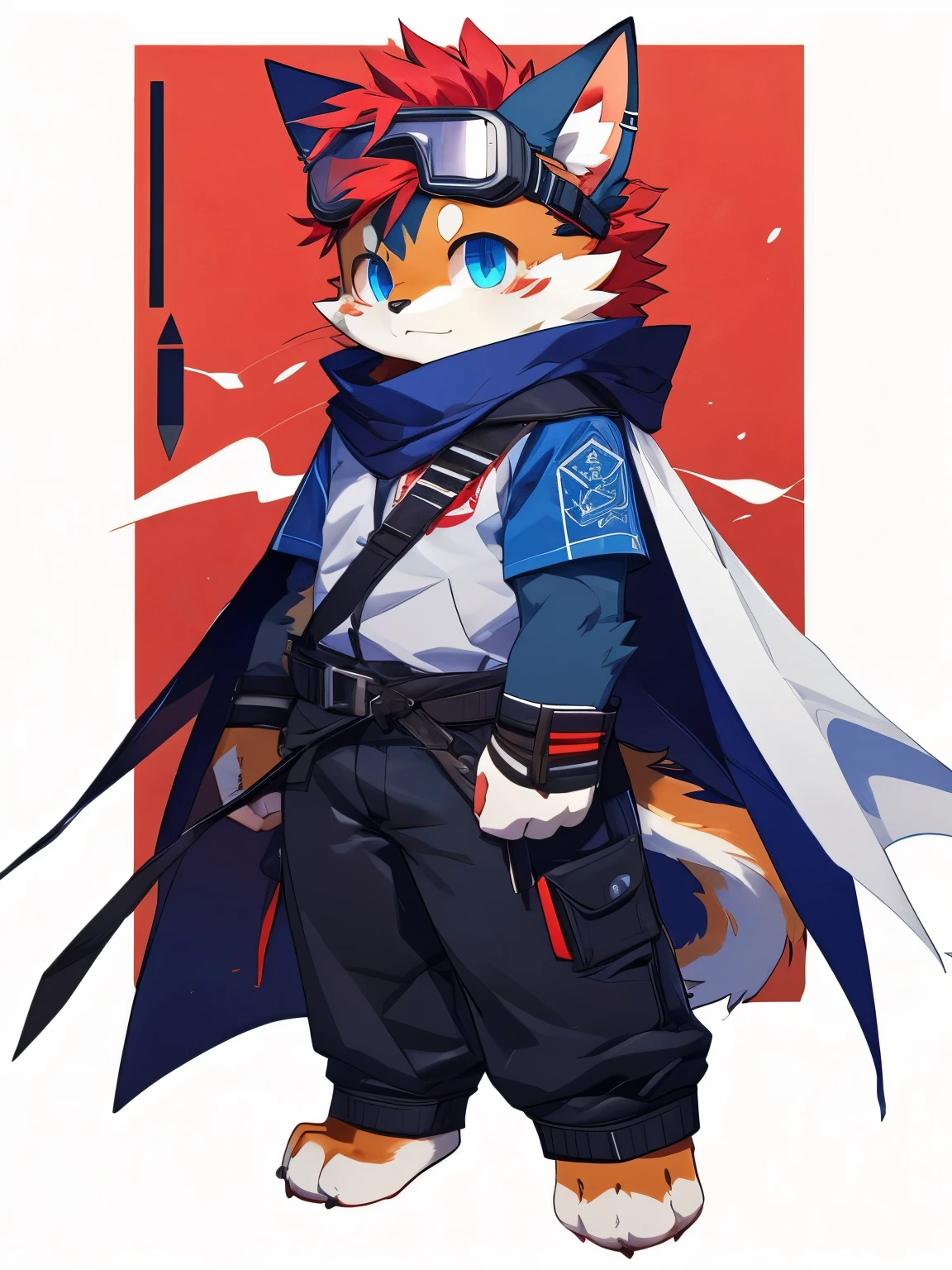 nj5furry，kemono，full-length portrait，anthro，hi res，male，Red hair，Cat，Goggles，Wristband，White cape，strong，Fluffy hair，Plush paw，A tail，Delicate eyes，Detailed eyes