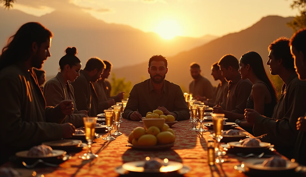 "In an intense and evocative cinematic scene, imagine a luxurious banquet in a vast outdoor space, illuminated by the soft evening light. In the center of the table, richly decorated with opulent plates and crystal glasses, a man with a serene and confident expression sits, surrounded by an atmosphere of peace, despite the threatening presence of shadowy figures in the background, representing their enemies. The table is surrounded by lush scenery, with mountains in the distance and a sky in shades of orange and purple. In a symbolic gesture, a benevolent figure approaches, anointing the man's head with oil, as a cup overflows, symbolizing abundance and blessings. The image captures the tension between adversity and inner peace, reflecting the profound message of divine protection and provision."
